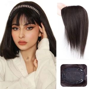 Human hair blend dark brown natural straight top topper hair extension.